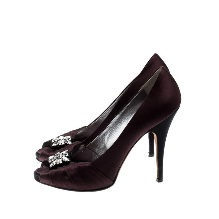 Pre Owned Giuseppe Zanotti Burgundy Satin Embellished Peep Toe Pumps Size 40