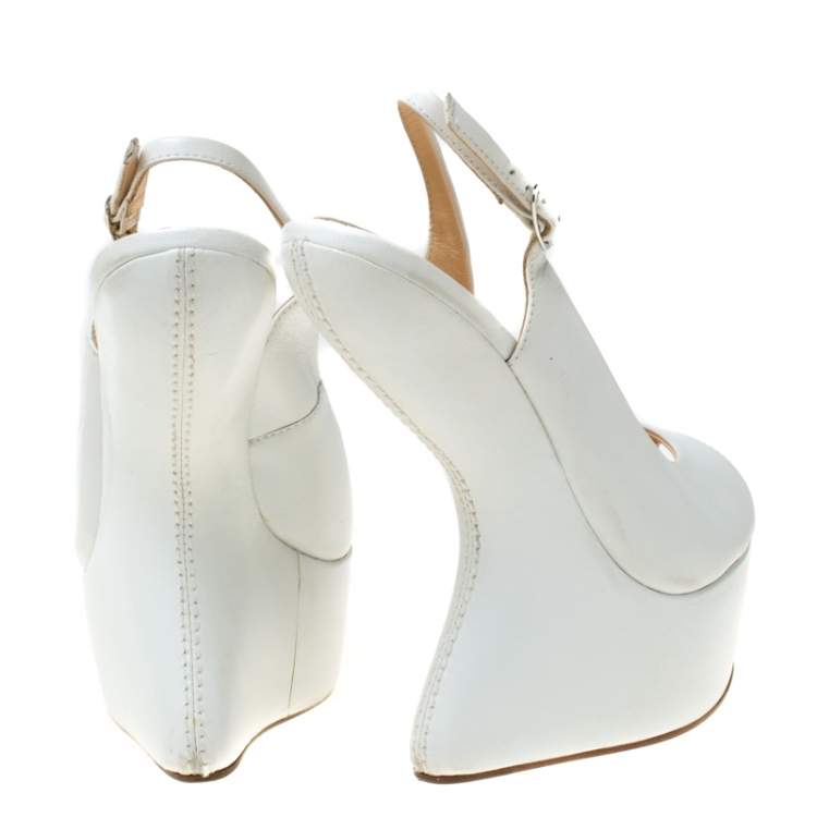 Pre Owned Giuseppe Zanotti White Leather Slingback Heel Less Peep Toe Platform Sandals Size 38.5