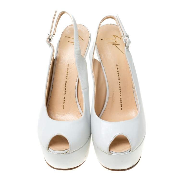 Pre Owned Giuseppe Zanotti White Leather Slingback Heel Less Peep Toe Platform Sandals Size 38.5