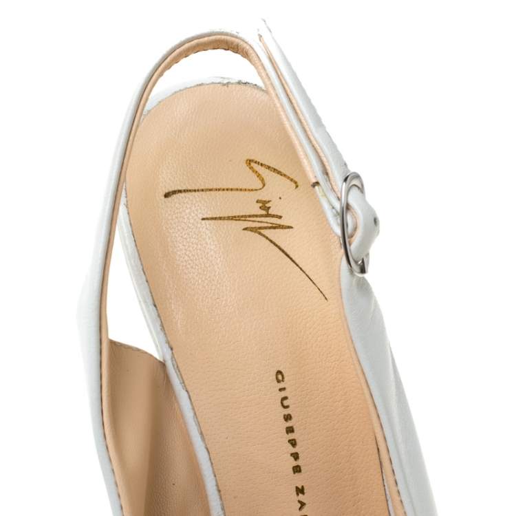 Pre Owned Giuseppe Zanotti White Leather Slingback Heel Less Peep Toe Platform Sandals Size 38.5