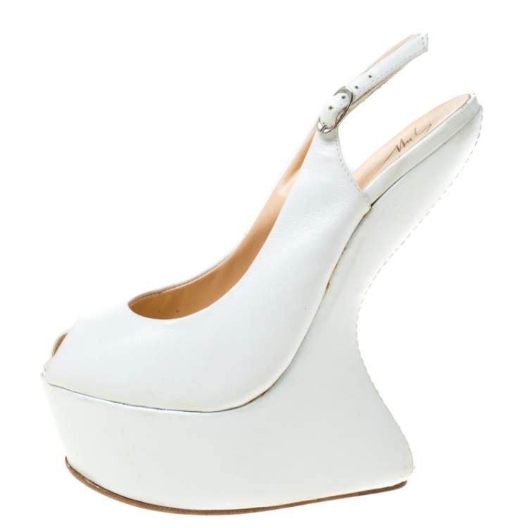 Pre Owned Giuseppe Zanotti White Leather Slingback Heel Less Peep Toe Platform Sandals Size 38.5