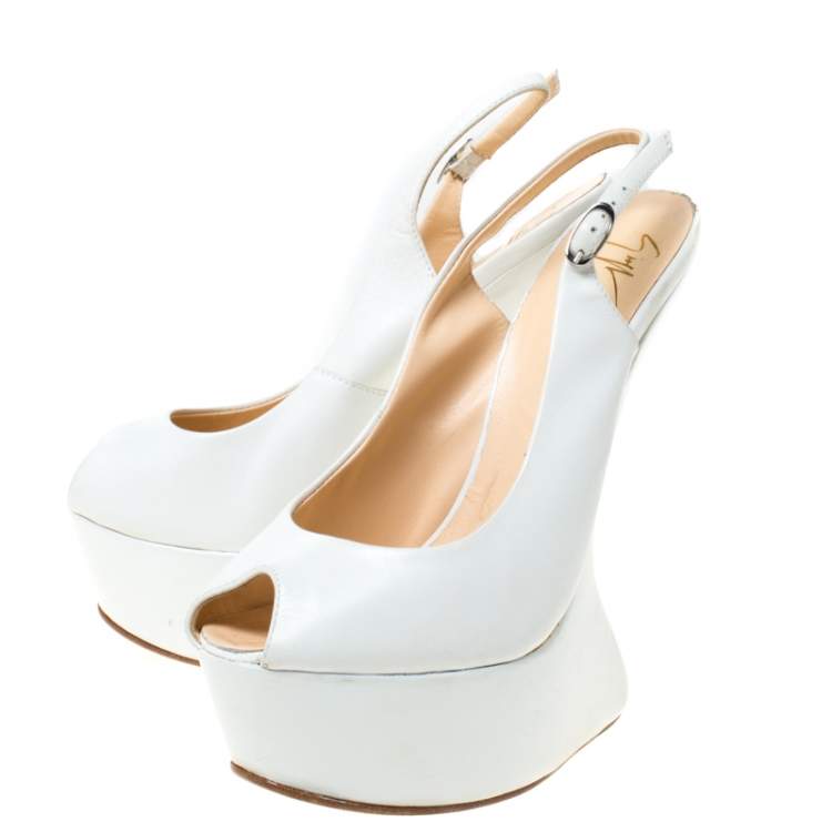 Pre Owned Giuseppe Zanotti White Leather Slingback Heel Less Peep Toe Platform Sandals Size 38.5