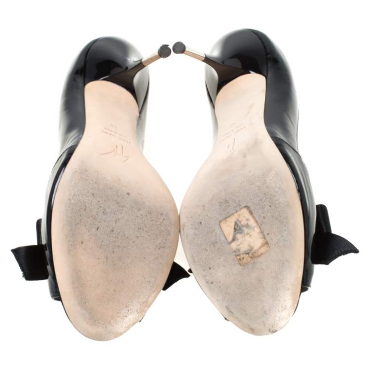 Pre Owned Giuseppe Zanotti Black Bow Satin and Patent Leather Peep Toe Pumps Size 38