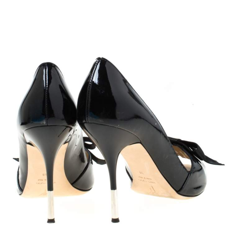 Pre Owned Giuseppe Zanotti Black Bow Satin and Patent Leather Peep Toe Pumps Size 38