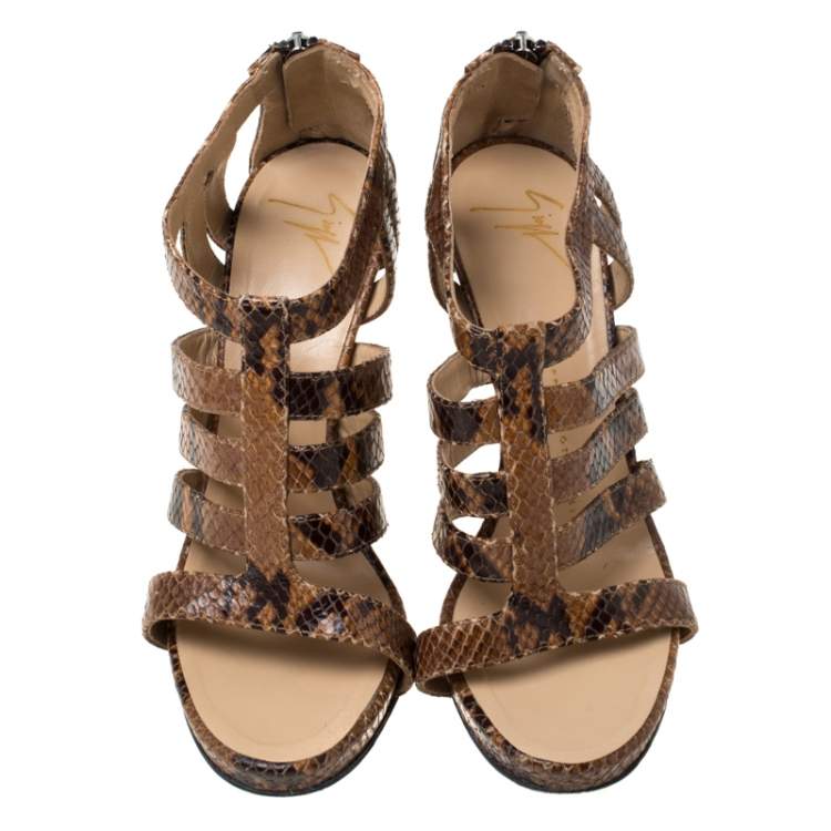 Pre Owned Giuseppe Zanotti Brown Python Embossed Leather Strappy Sandals Size 37.5