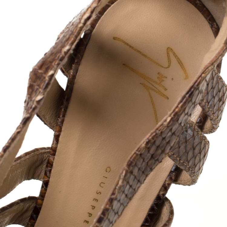 Pre Owned Giuseppe Zanotti Brown Python Embossed Leather Strappy Sandals Size 37.5
