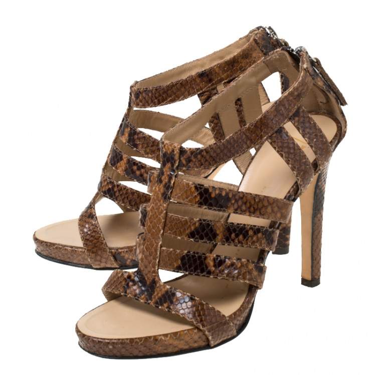 Pre Owned Giuseppe Zanotti Brown Python Embossed Leather Strappy Sandals Size 37.5