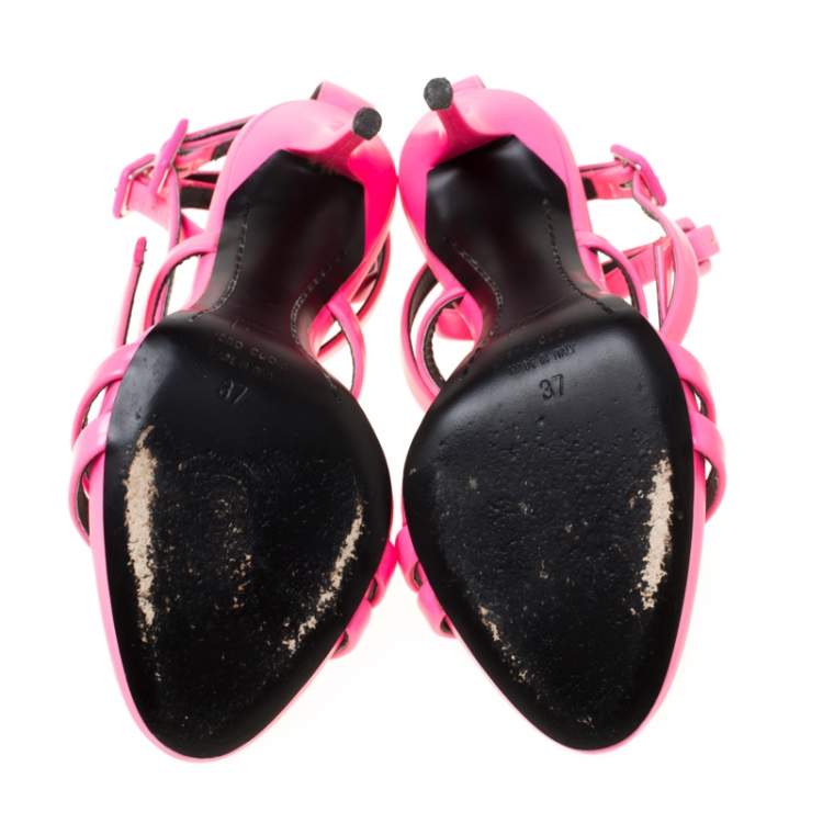 Pre Owned Giuseppe Zannotti Neon Pink Leather Criss Cross Ankle Strap Sandals Size 37