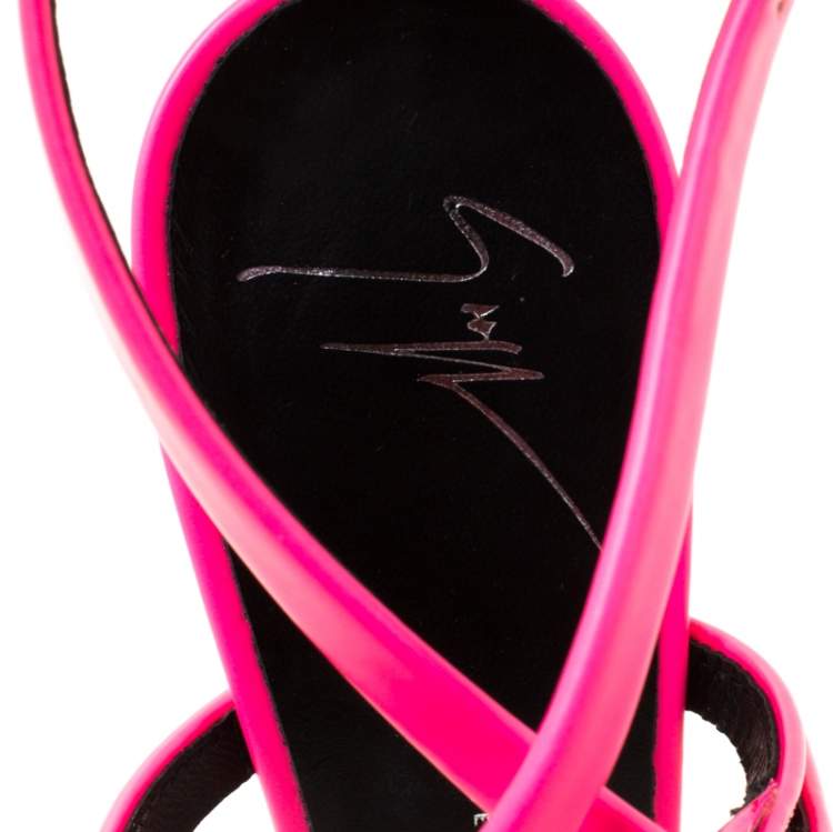Pre Owned Giuseppe Zannotti Neon Pink Leather Criss Cross Ankle Strap Sandals Size 37