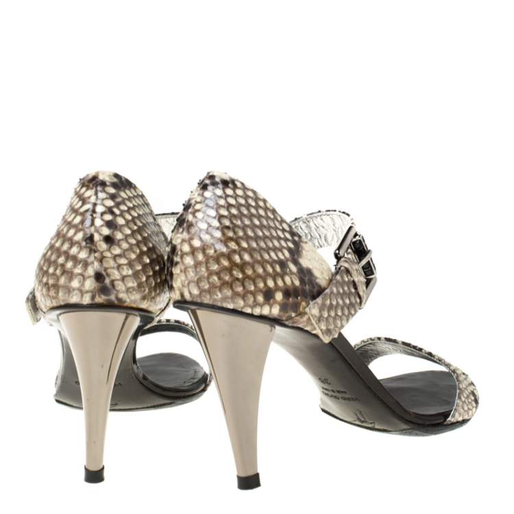 Pre Owned Giuseppe Zanotti Beige/Black Snakeskin Open Toe Buckle Strap Sandals Size 38