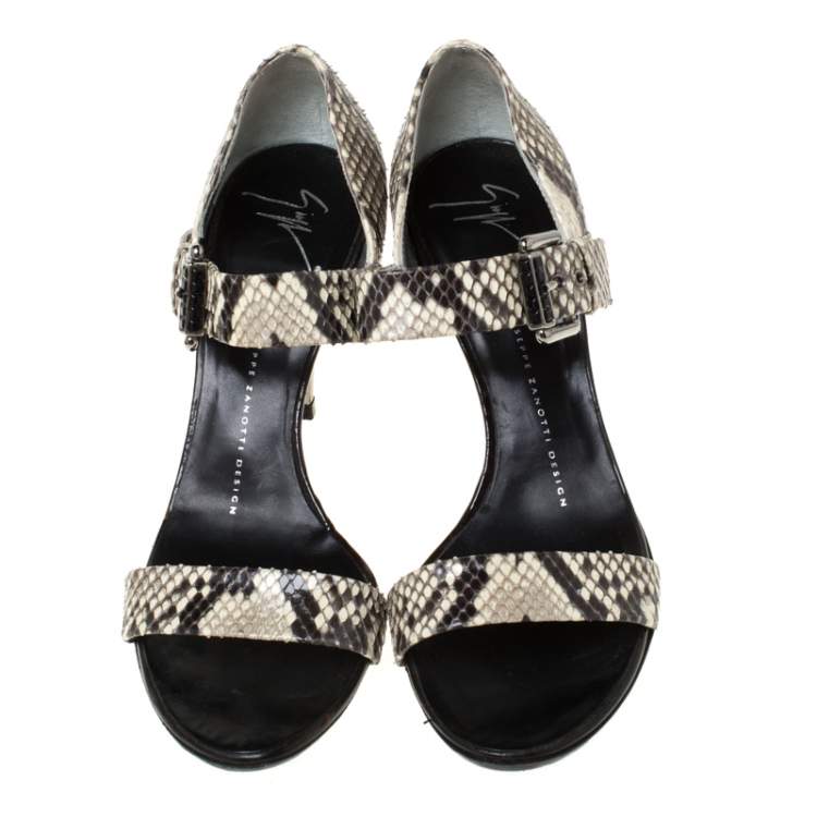 Pre Owned Giuseppe Zanotti Beige/Black Snakeskin Open Toe Buckle Strap Sandals Size 38