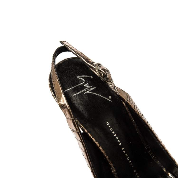 Pre Owned Giuseppe Zannotti Metallic Python Embossed Leather Peep Toe Platform Slingback Sandals Size 38