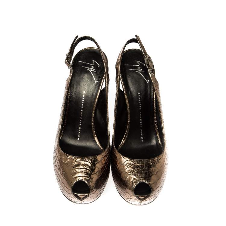 Pre Owned Giuseppe Zannotti Metallic Python Embossed Leather Peep Toe Platform Slingback Sandals Size 38