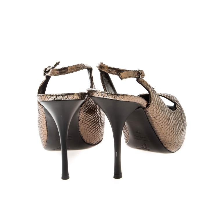 Pre Owned Giuseppe Zannotti Metallic Python Embossed Leather Peep Toe Platform Slingback Sandals Size 38