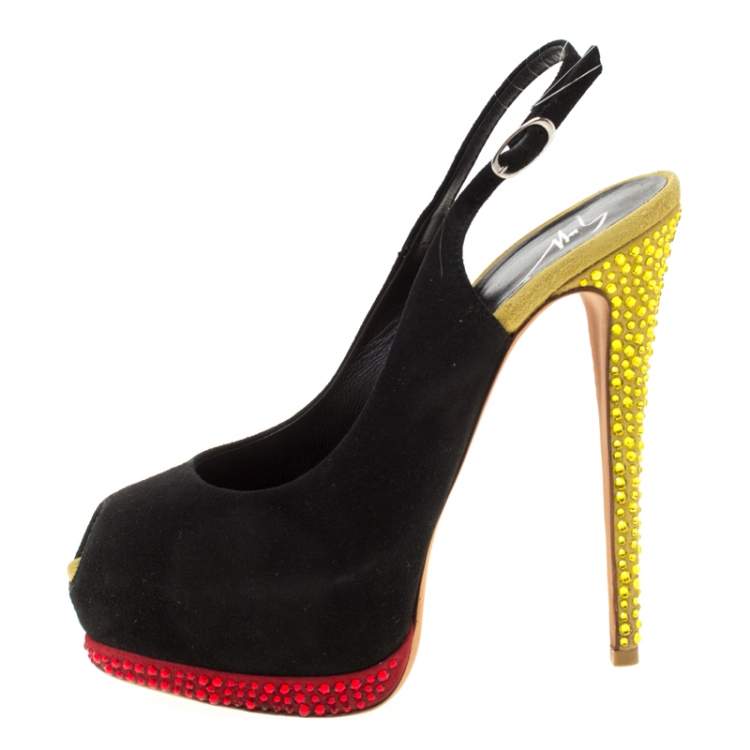 Pre Owned Giuseppe Zanotti Muticolor Suede Embellished Peep Toe Platform Slingback Sandals Size 37