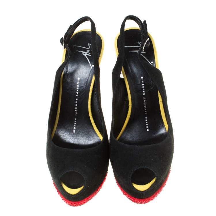 Pre Owned Giuseppe Zanotti Muticolor Suede Embellished Peep Toe Platform Slingback Sandals Size 37