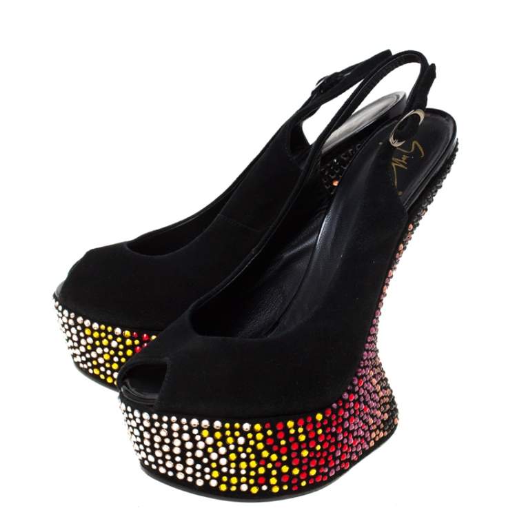 Pre Owned Giuseppe Zanotti Black Suede Embellished Sculpted Wedge Slingback Sandals Size 38