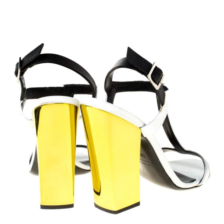 Pre Owned Giuseppe Zanotti Tricolor Metallic Leather Ankle Strap Block Heel Sandals Size 36.5