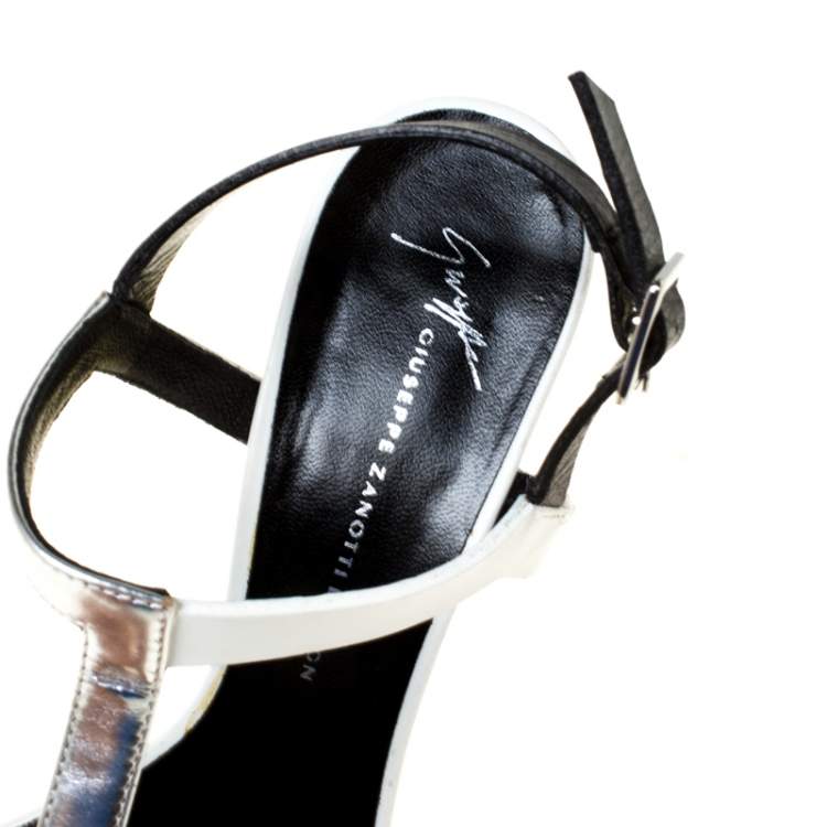 Pre Owned Giuseppe Zanotti Tricolor Metallic Leather Ankle Strap Block Heel Sandals Size 36.5