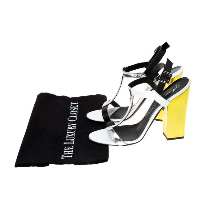 Pre Owned Giuseppe Zanotti Tricolor Metallic Leather Ankle Strap Block Heel Sandals Size 36.5