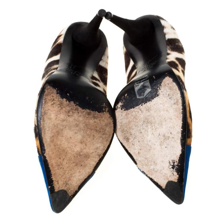Pre Owned  Giuseppe Zanotti Multicolor Leopard Print Pony hair And Blue Suede Pointed Toe Pumps Size 37.5