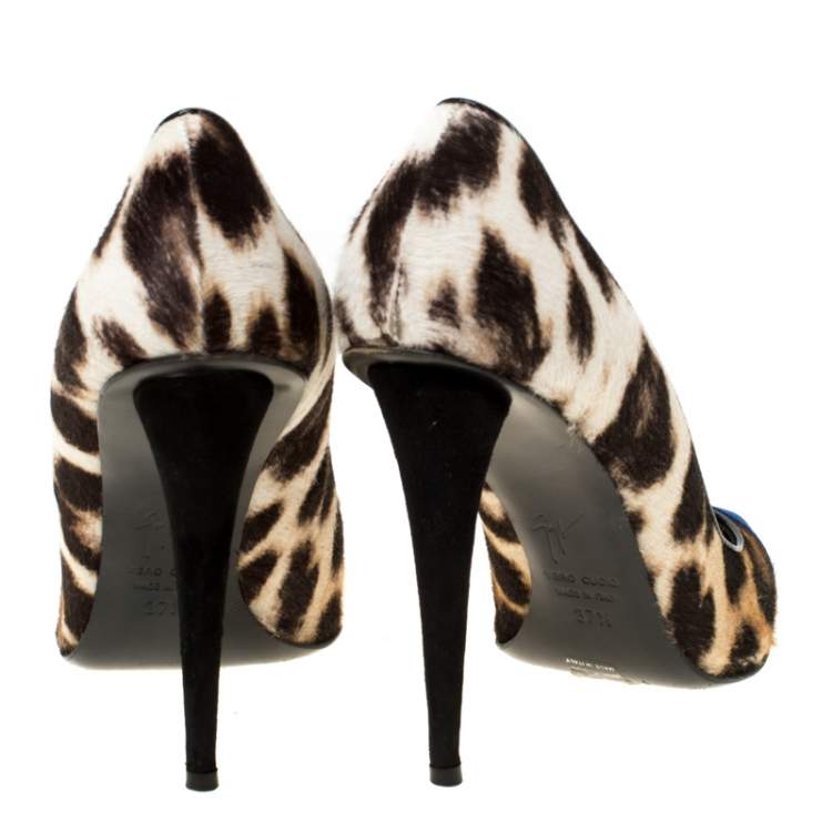 Pre Owned  Giuseppe Zanotti Multicolor Leopard Print Pony hair And Blue Suede Pointed Toe Pumps Size 37.5