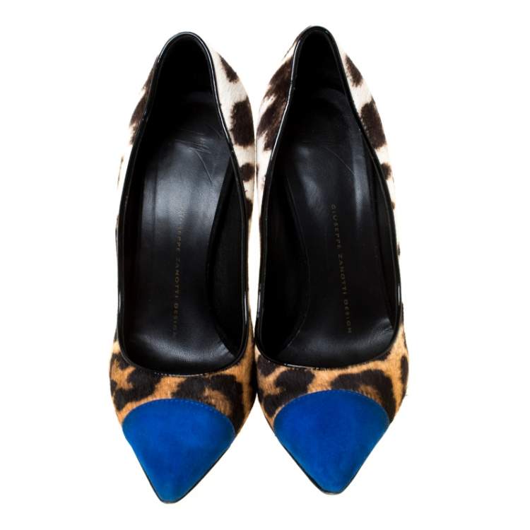 Pre Owned  Giuseppe Zanotti Multicolor Leopard Print Pony hair And Blue Suede Pointed Toe Pumps Size 37.5