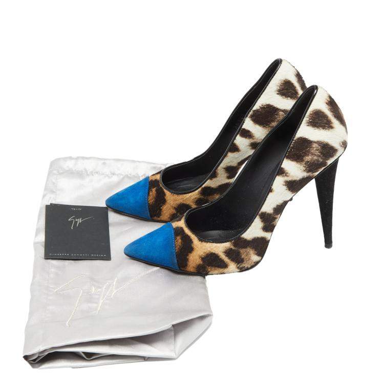 Pre Owned  Giuseppe Zanotti Multicolor Leopard Print Pony hair And Blue Suede Pointed Toe Pumps Size 37.5
