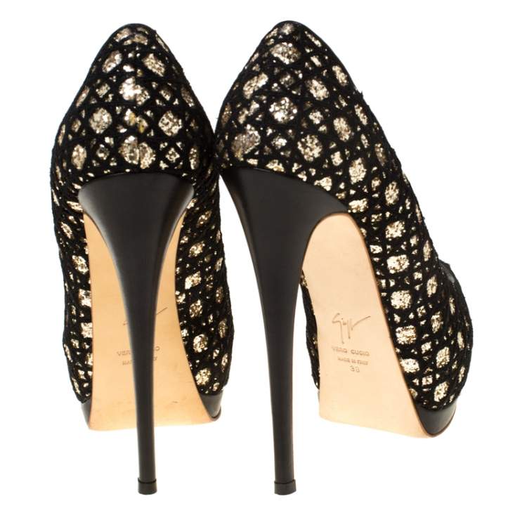 Pre Owned Guiseppe Zannotti Black Sharon Glitter And Lace Liza Peep Toe Platform Pump Size 38