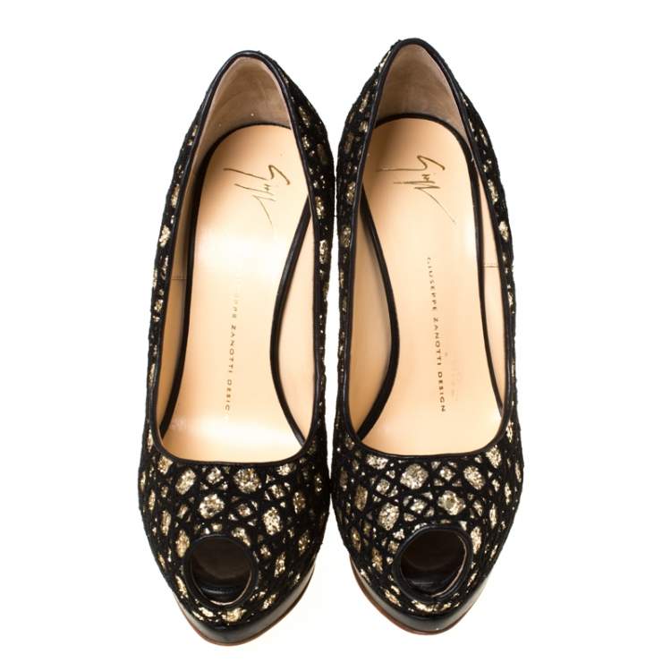 Pre Owned Guiseppe Zannotti Black Sharon Glitter And Lace Liza Peep Toe Platform Pump Size 38
