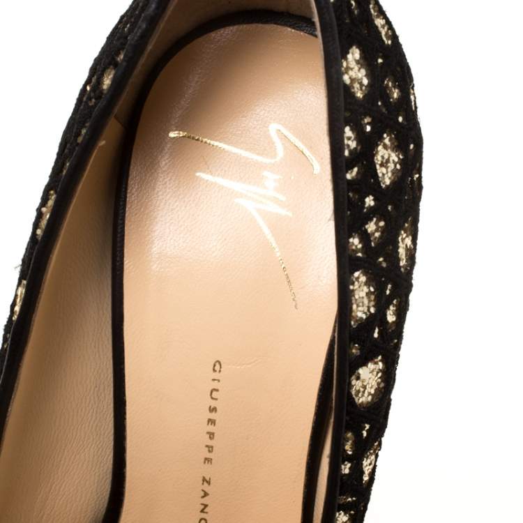 Pre Owned Guiseppe Zannotti Black Sharon Glitter And Lace Liza Peep Toe Platform Pump Size 38