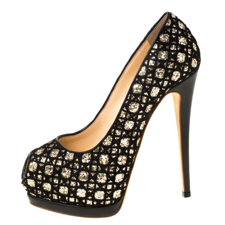 Pre Owned Guiseppe Zannotti Black Sharon Glitter And Lace Liza Peep Toe Platform Pump Size 38