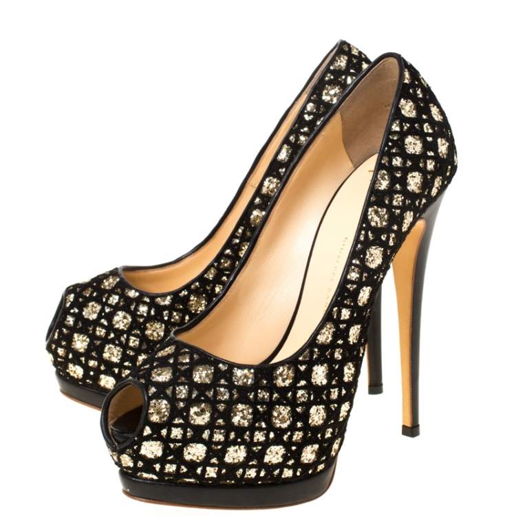 Pre Owned Guiseppe Zannotti Black Sharon Glitter And Lace Liza Peep Toe Platform Pump Size 38