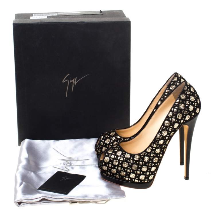 Pre Owned Guiseppe Zannotti Black Sharon Glitter And Lace Liza Peep Toe Platform Pump Size 38
