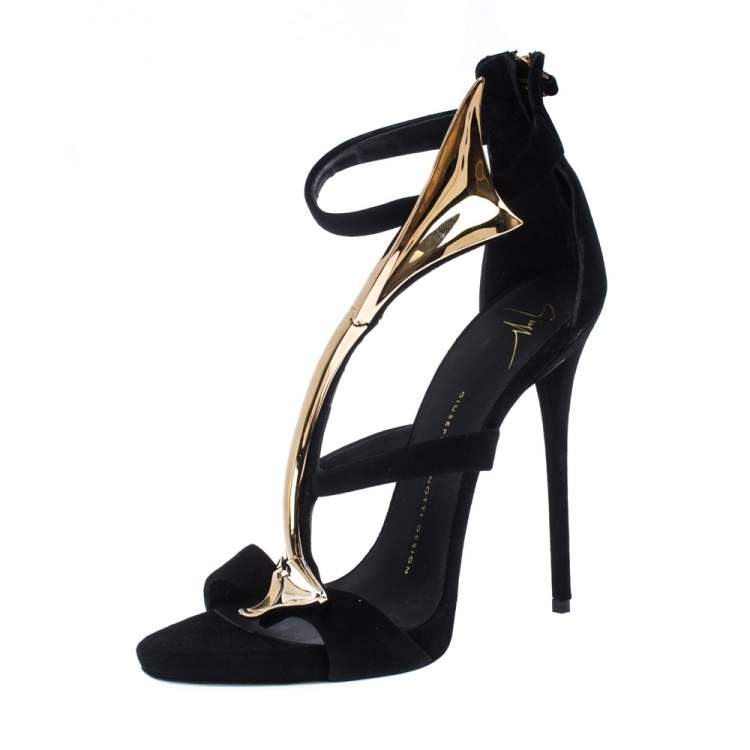 Pre Owned Giuseppe Zanotti Black Suede Embellished Ankle Strap Sandals Size 38