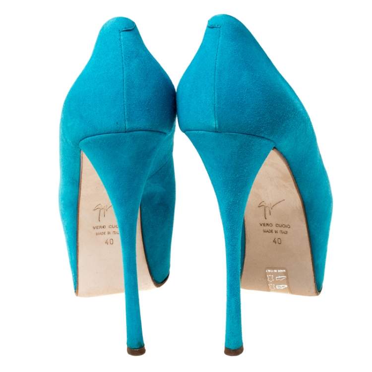 Pre Owned Guisuppe Zanotti Blue Suede Liza Peep Toe Platform Pumps Size 40