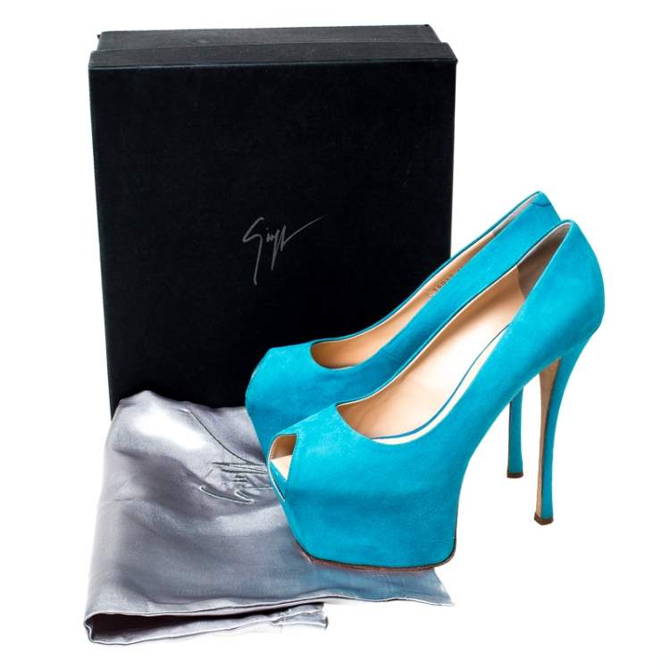 Pre Owned Guisuppe Zanotti Blue Suede Liza Peep Toe Platform Pumps Size 40