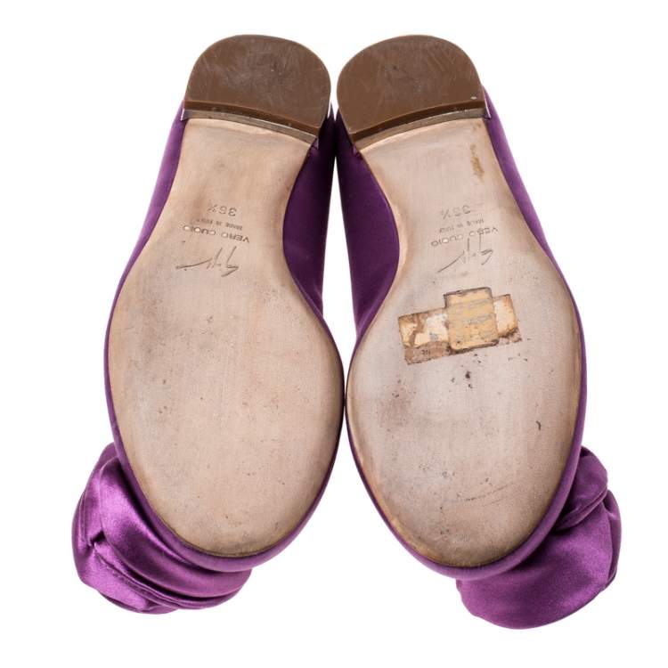 Pre Owned Giuseppe Zanotti Purple Satin Flower Detail Ballet Flats Size 36.5