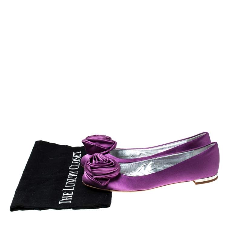 Pre Owned Giuseppe Zanotti Purple Satin Flower Detail Ballet Flats Size 36.5