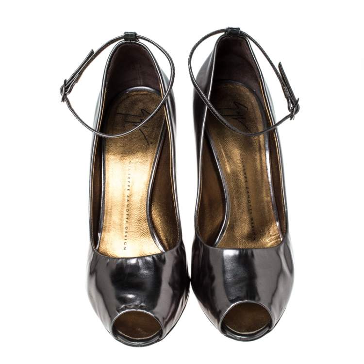 Pre Owned Giuseppe Zanotti Metallic Grey Leather Peep Top Ankle Strap Pumps Size 39