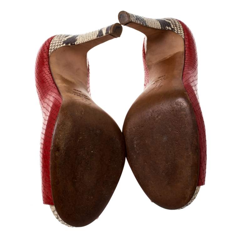 Pre Owned Giuseppe Zanotti Red Python Embossed Leather Peep Toe Pumps Size 39.5