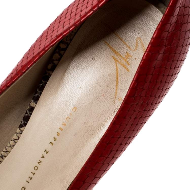 Pre Owned Giuseppe Zanotti Red Python Embossed Leather Peep Toe Pumps Size 39.5