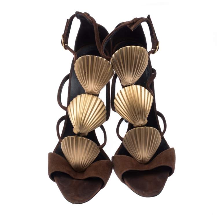 Pre Owned Giuseppe Zanotti Suede Leather Embellished Seashell Strappy Sandals Size 38