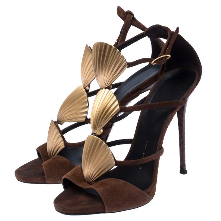 Pre Owned Giuseppe Zanotti Suede Leather Embellished Seashell Strappy Sandals Size 38