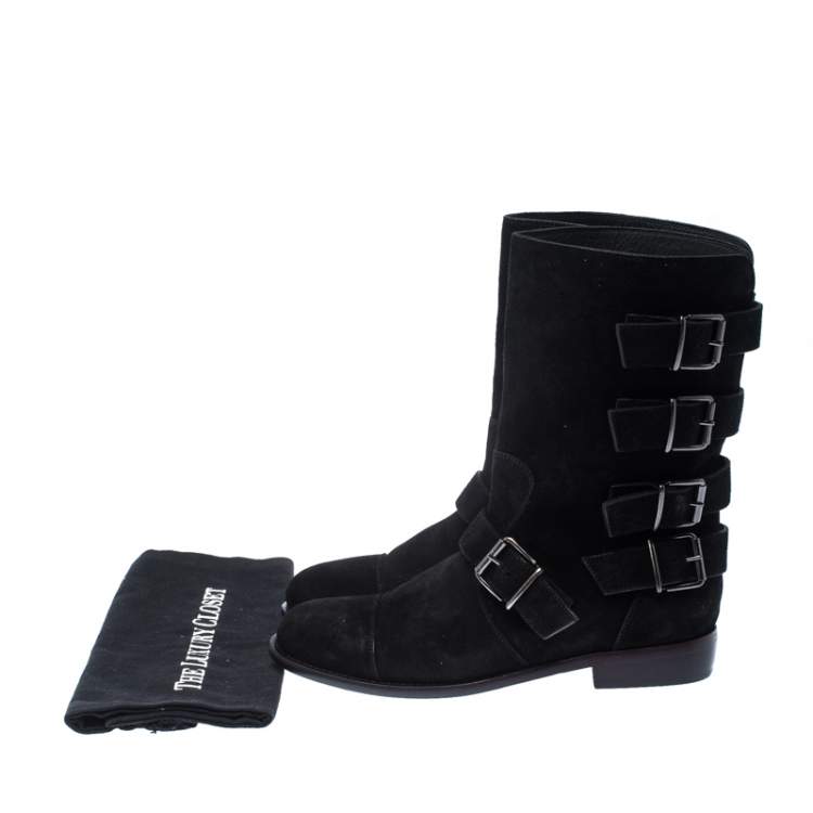 Pre Owned Giuseppe Zanotti Black Suede Leather Buckle Ankle Boots Size 38