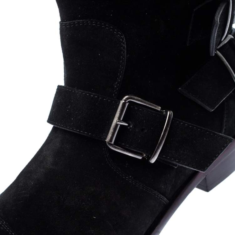 Pre Owned Giuseppe Zanotti Black Suede Leather Buckle Ankle Boots Size 38