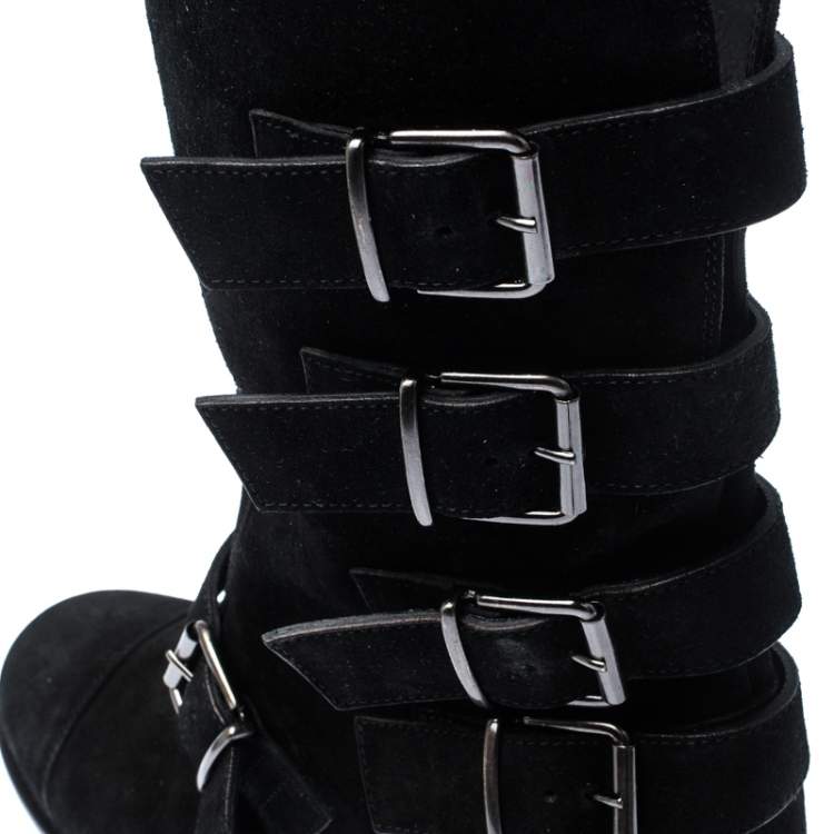 Pre Owned Giuseppe Zanotti Black Suede Leather Buckle Ankle Boots Size 38