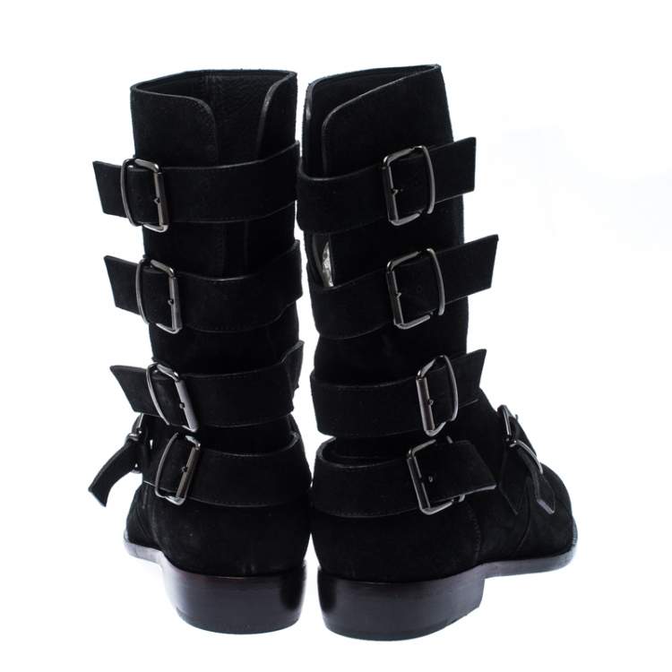Pre Owned Giuseppe Zanotti Black Suede Leather Buckle Ankle Boots Size 38