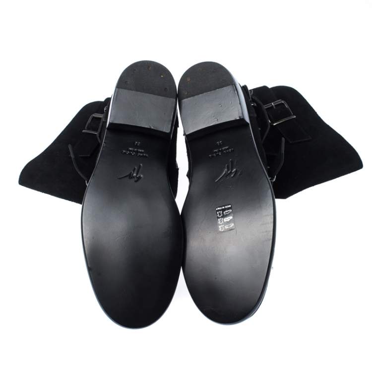 Pre Owned Giuseppe Zanotti Black Suede Leather Buckle Ankle Boots Size 38