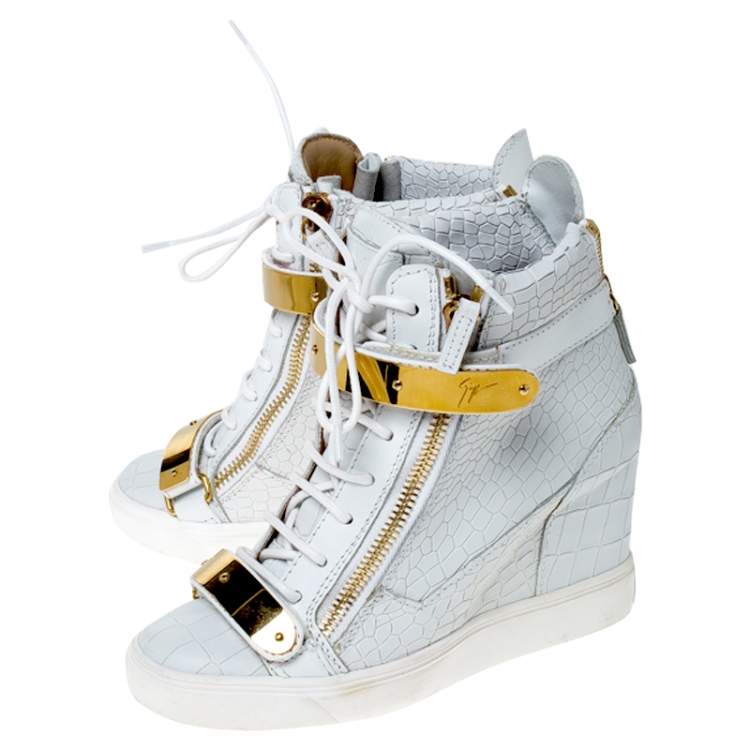 Pre Owned Giuseppe Zanotti White Croc Embossed Leather High Top Wedge Sneakers Size 38